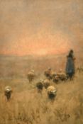 Edward Van Goethem (1857-1924), A shepherdess and her flock at dusk, watercolour, signed, 6.75