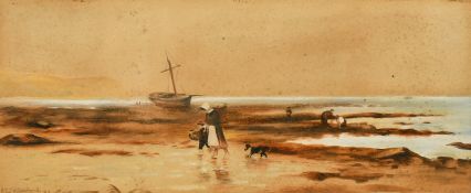 Richard Henry Nibbs (1816-1893) A coastal view with harbour wall, figures and sailing boats out to