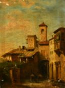 Manner of Guardi, figures on horseback approaching a building, oil on canvas, 13.25