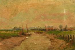 Circle of W.T. Monnington, A view of a canal with moored boats and buildings beyond, oil on panel,