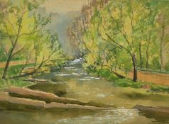 Unsigned, A tree lined stream, watercolour, 10.5