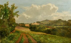 James Peel (1811-1906) British, 'Near Haslemere' Tracks leading into open fields with a farmstead