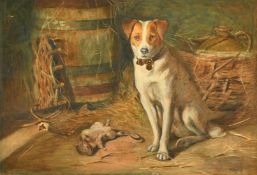 S. Ashton, Circa 1921, a study of a terrier in a farm building with a dead rat, watercolour, signed,