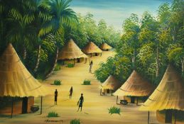 20th Century School, a scene of straw huts in a jungle, oil, indistinctly signed, 17