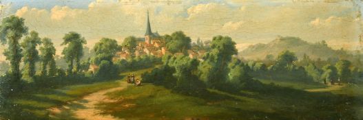 19th Century Continental School, figures on a path with a hilltop town beyond, oil on panel, 4.24