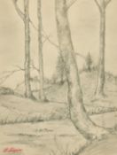 Attributed to Stanislas Lepine (1835-1892) French, A study of trees along a riverside, pencil with