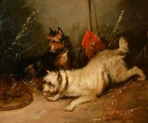 Attributed to George Armfield (1808-1893) British, Terriers teasing a trapped Rat, oil on canvas,