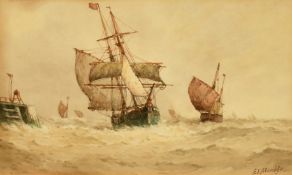 Frederick James Aldridge (1850-1933) British, 'Entering harbour in a swell', watercolour, signed,