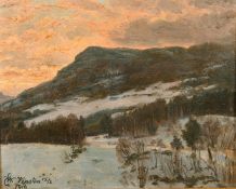 Emil Wennerwald (1859-1934) Danish, a winter mountain landscape at dusk, oil on canvas, signed