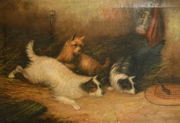 J. Langlois (19th Century) British, three terriers ratting in a barn, oil on canvas, signed, 20