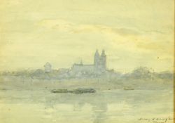 Early 20th Century, a view of barges on a river with a cathedral beyond, watercolour, indistinctly