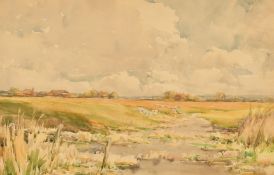 Attributed to Claude Hayes, A stream running through a landscape, watercolour, 7.75