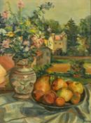 20th Century Continental School, a still life of flowers and fruit in an outdoor setting, oil on