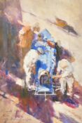 Dexter Brown (b. 1942) British, mechanics gathered around a Bugatti, coloured print, limited edition