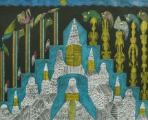 Scottie Wilson (1891-1972) Scottish, A fantasy scene with birds and creatures above a castellated