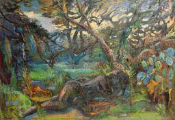 Phyllis Bray (1911-1991) A recumbent female nude in a woodland glade, oil on canvas, initialled, 24