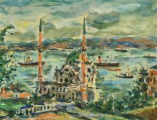Early 20th Century School, a view of the Ortakay Mosque with shipping on the Bosphorus, indistinctly