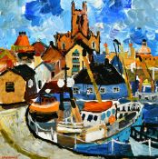 Alan Furneaux (b. 1953) British, 'Penzance', boats moored in a harbour, oil on board, signed, 16
