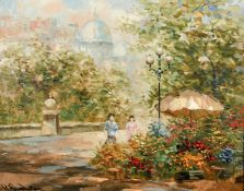 C. Pierre Latour (1935-2006), Figures by a flower stall with the Sacre-Coeur Basilica beyond, oil on