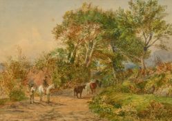 George Hayes (1824-1895) British, a wayfarer and a cattle drover on a country lane, watercolour,