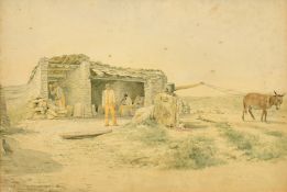 Early 20th Century British, Stone masons at work, watercolour, 9.75