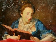 20th Century School, Portrait of a young lady reading, oil on panel, 12