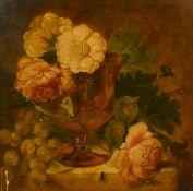19th Century School, a still life of roses and grapes with trailing foliage, oil on panel, 10.5