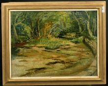 Nancy Ewart, A pond with a stone wall with over hanging trees and foliage, oil on canvas, 14