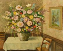 Paul Feron (20th Century) French, a still life study of colourful flowers in an interior, oil on