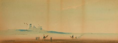 A. O. Lamplough, Figures travelling in a desert with temple ruins beyond, watercolour, signed and