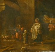 Old Master painting of figures in an interior by a fire, oil on canvas, 11.5