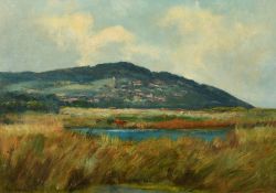 H. Hadfield Cubley (1858-1934) British, 'Minehead from the distance', landscape with cattle by a