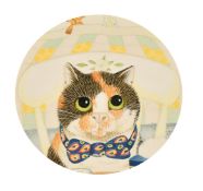 Late 20th Century miniature, A cat seated on a chair wearing a bow tie with a small bear in tucked