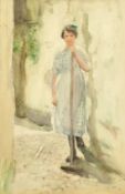 Henry Edgar Crocket (1870-1926) British, a study of a young woman brushing a stone path,