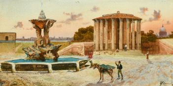 Italian School 19/20th Century, Figures by a fountain and temple of Vesta near Rome, watercolour,