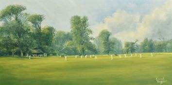 Vincent Ruggerio (20th Century) A Cricket match on a green, oil on canvas, signed, 15.5