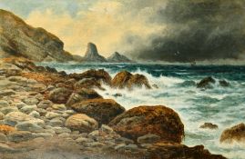 19th Century, Coastal scene with waves crashing against a rocky shore, oil on canvas, 28