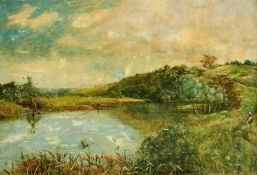 English School (early 20th Century) A extensive river landscape with a man on a punt and figures