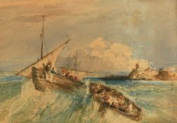 19th Century Continental School, boat riding on the crest of a wave with a port beyond, watercolour,