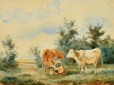 19th Century School, Milking cows, watercolour, indistinctly signed and dated, 7.25