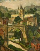 Phyllis Bray (1911-1991) A view of a town with a bridge, houses and church, oil on canvas, signed,