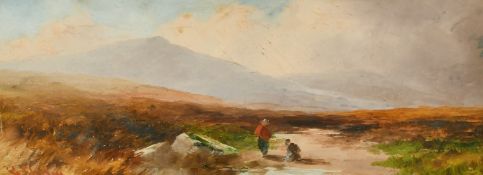 George Shaw, A pair of moorland landscapes with figures and mountains beyond, oils on board, both