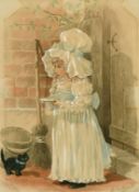 George Cruickshank (1842-1910) British, A young girl with a saucer of milk for her cat, watercolour,