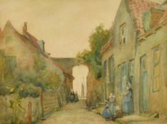 Victor Noble Rainbird (1888-1936) British, a scene of figures outside a town building with a port