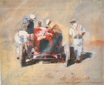 Dexter Brown (b. 1942) British, mechanics gathered around an Alfa Romeo, coloured print, limited