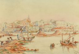 W. Roberts, Circa 1918, a view of a Mediterranean port with figures bringing in fishing boats,
