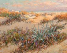 Ricardo Cejudo Nogales (b.1952) Spanish, 'La Barca Blanca', a rowing boat on a sand dune at dusk,