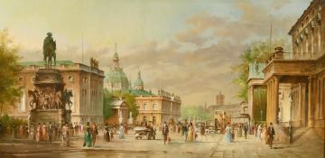 Heinz Scholtz (b. 1925) German, a busy Berlin street scene, oil on copper, 7.5