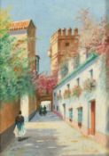 Enrique Roldan (19th Century) Spanish, Figures in an alley, oil on panel, signed, 13.75