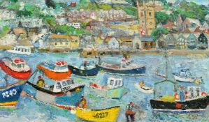 Linda Weir (b.1951) British, boats at St. Ives, oil on board, signed with initials, 10